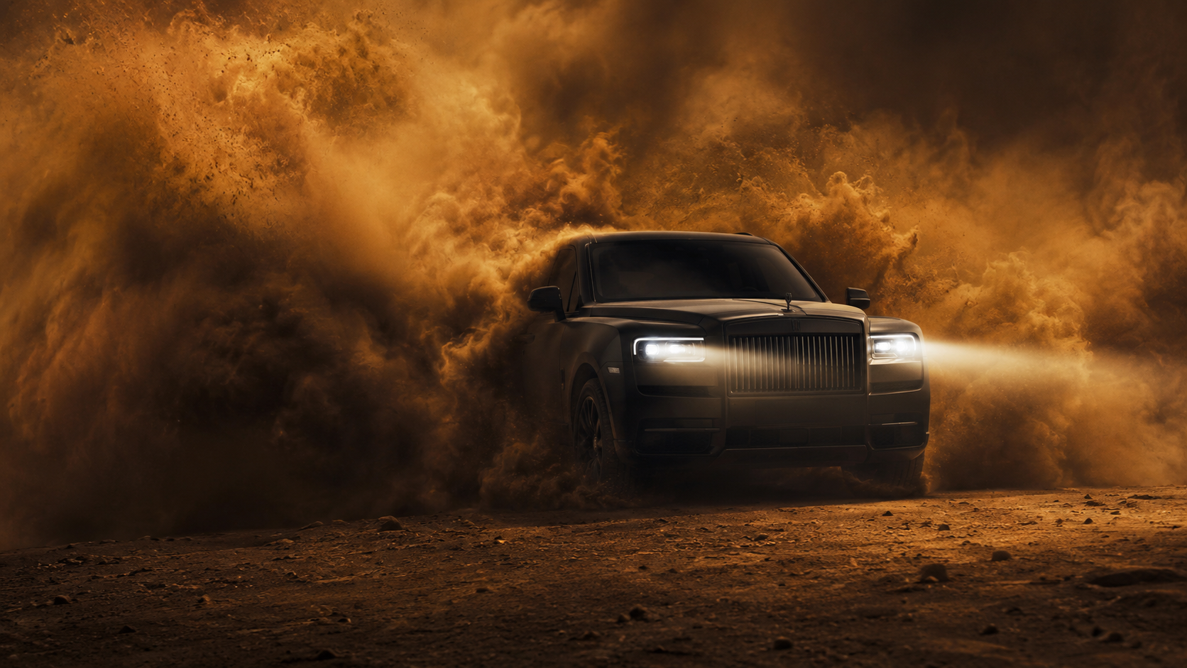 Dark SUV emerging from sand storm